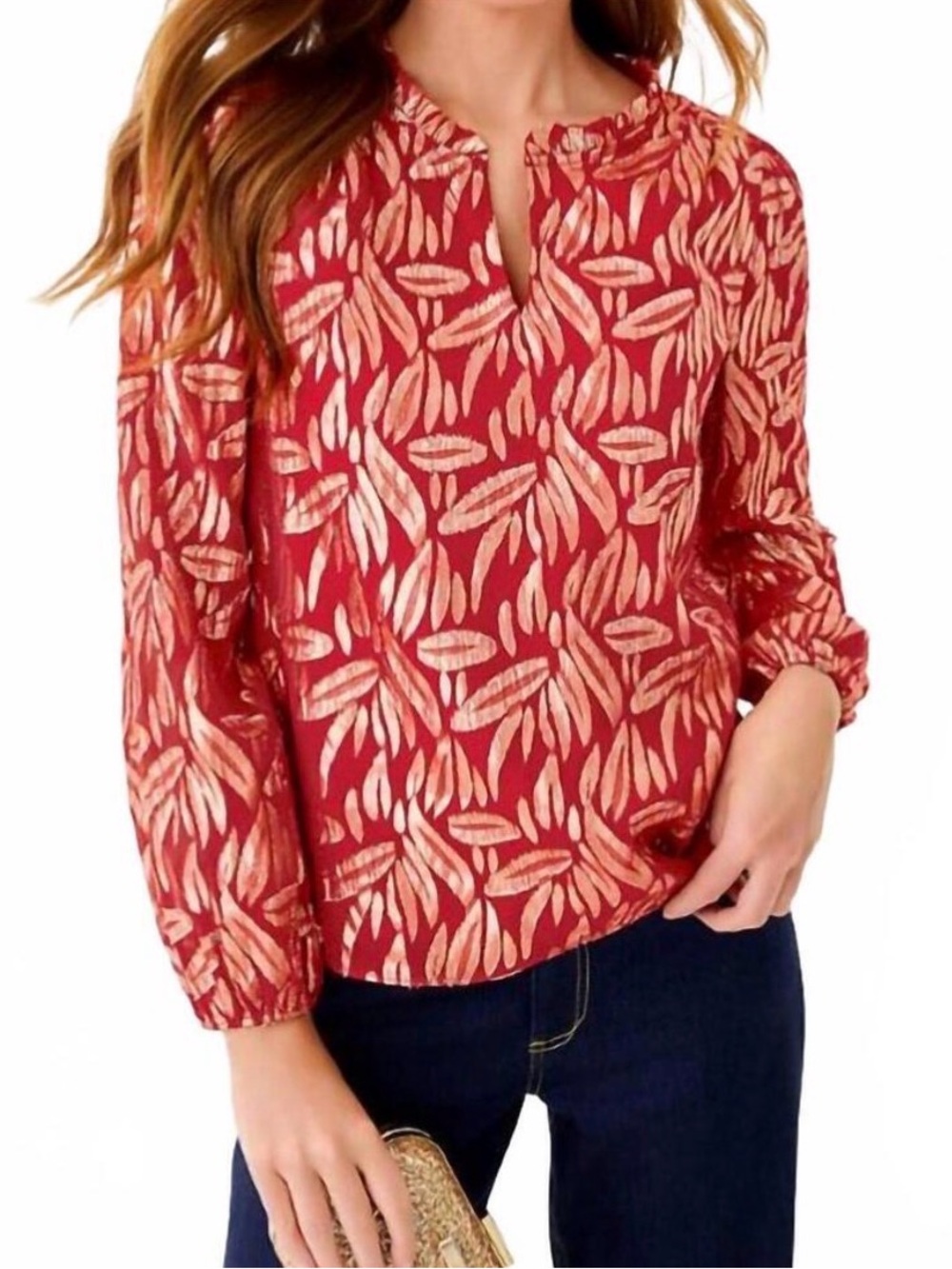 Lilly Pulitzer Giana Long Sleeve Silk Top in Red Size Medium